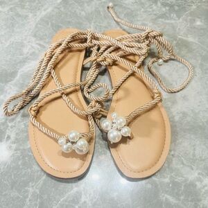 INC Womens Beige Rope Wrapping Pearl Clutch Round Toe Sandals SZ 10